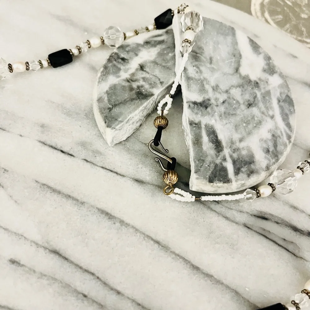 Glass Beaded Necklace Clear Faceted with Black‎ Accent Beads Simple Classic